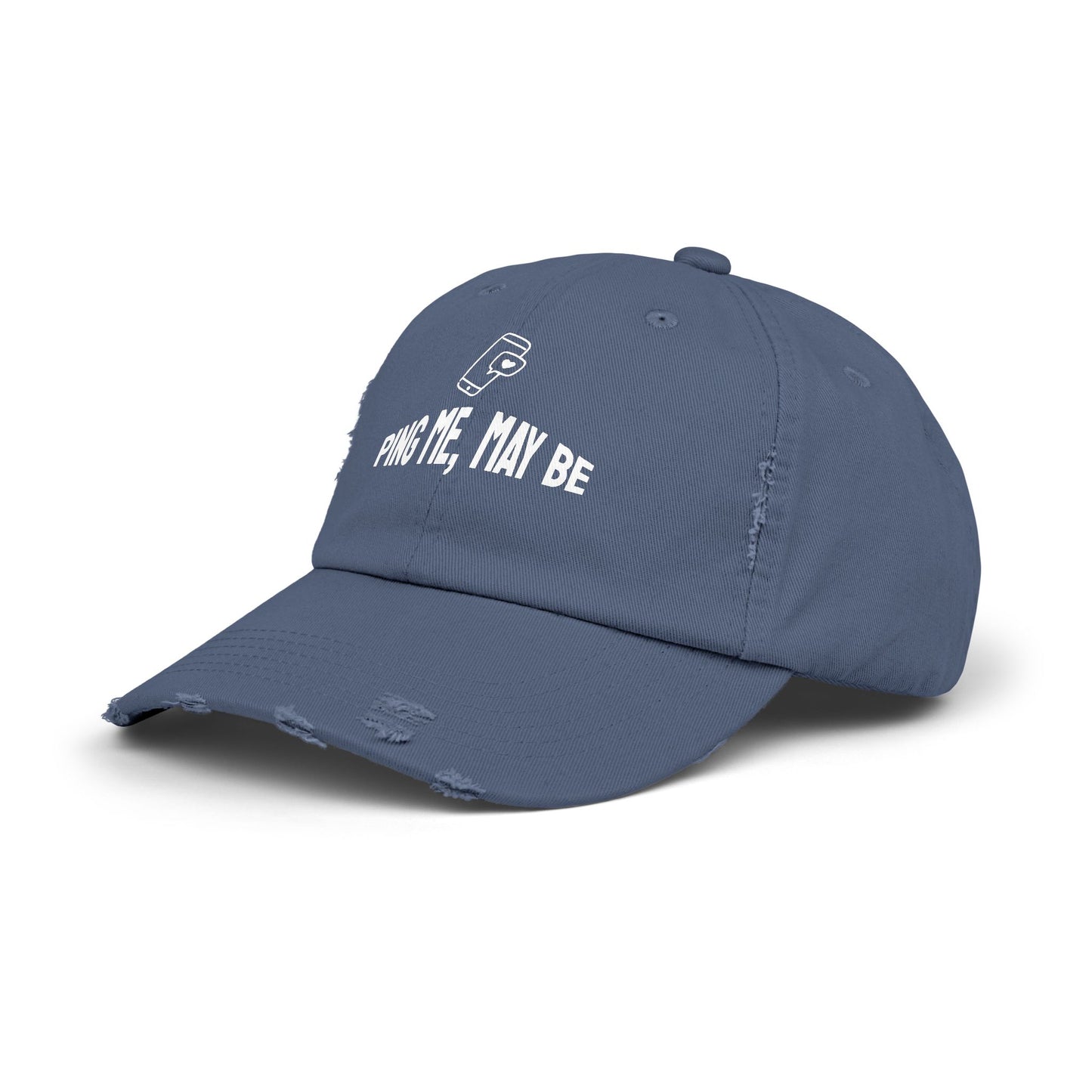 Angled view of Scotland blue distressed cap for IT professionals, showcasing the fun 'Ping Me, May Be' slogan for tech lovers