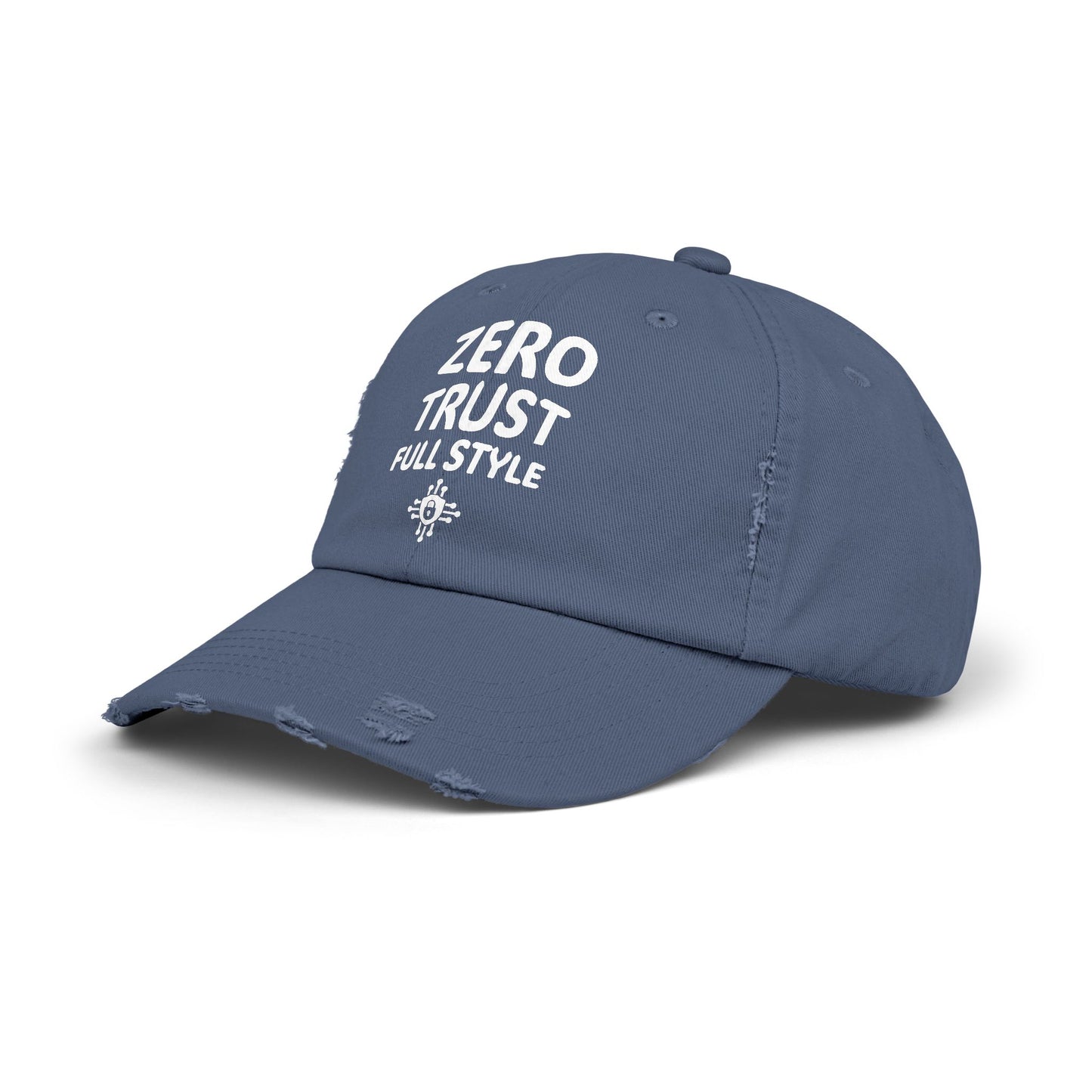 Angled view of Zero Trust Full Style Scotland blue hat, featuring a clean design with a cybersecurity slogan for professionals.