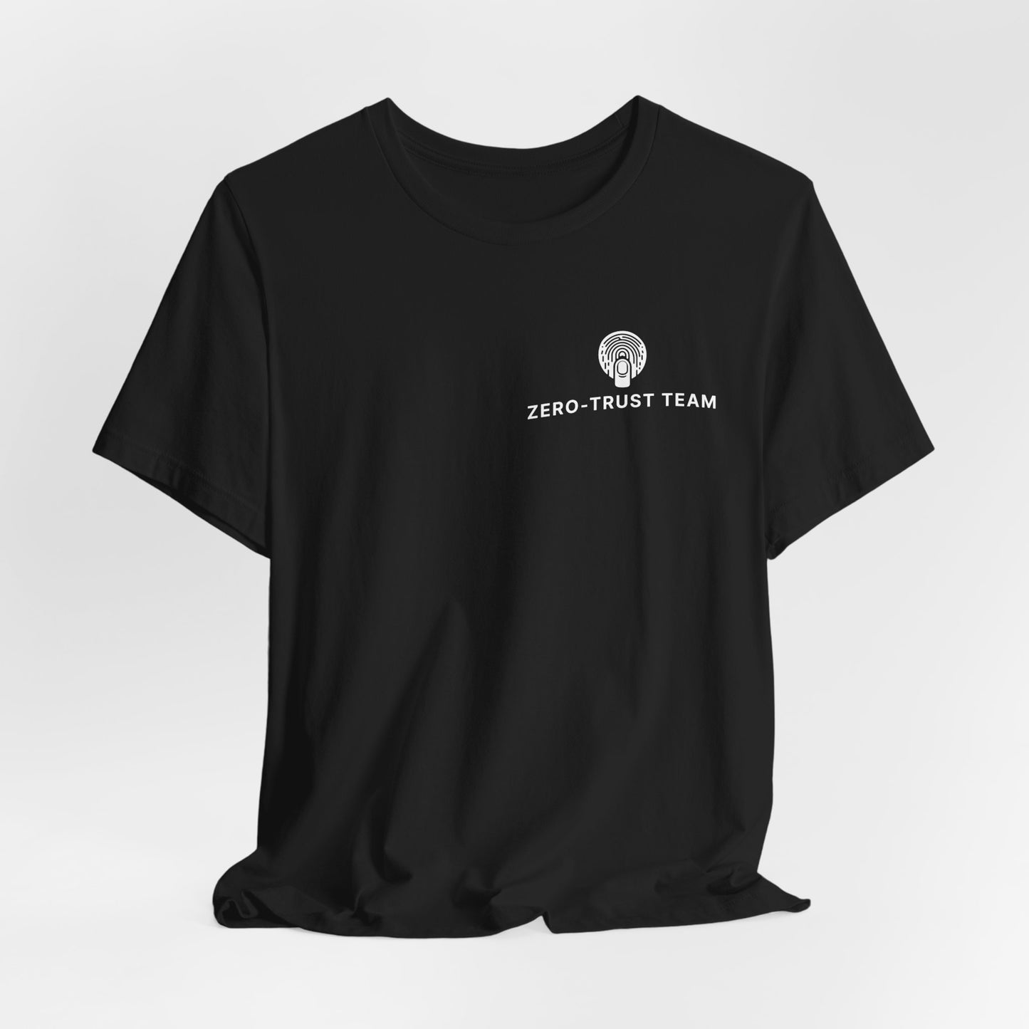 Black t-shirt with 'ZERO-TRUST TEAM' text and logo on a white background