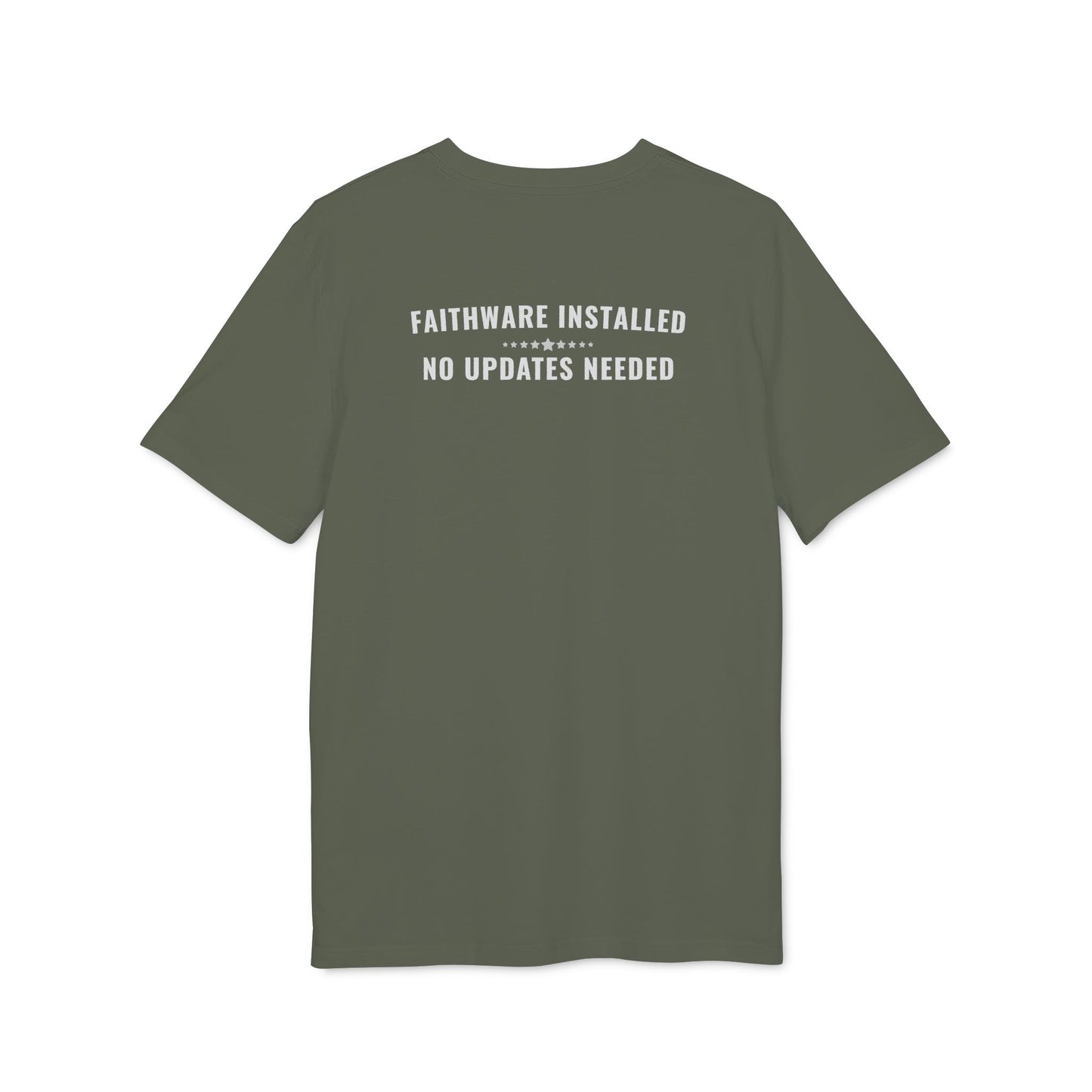 Green t-shirt with text on the back on a white background
