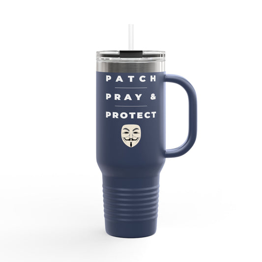 Side view of navy blue insulated travel mug. Leak-proof for cybersecurity pros, IT admins, and ethical hackers