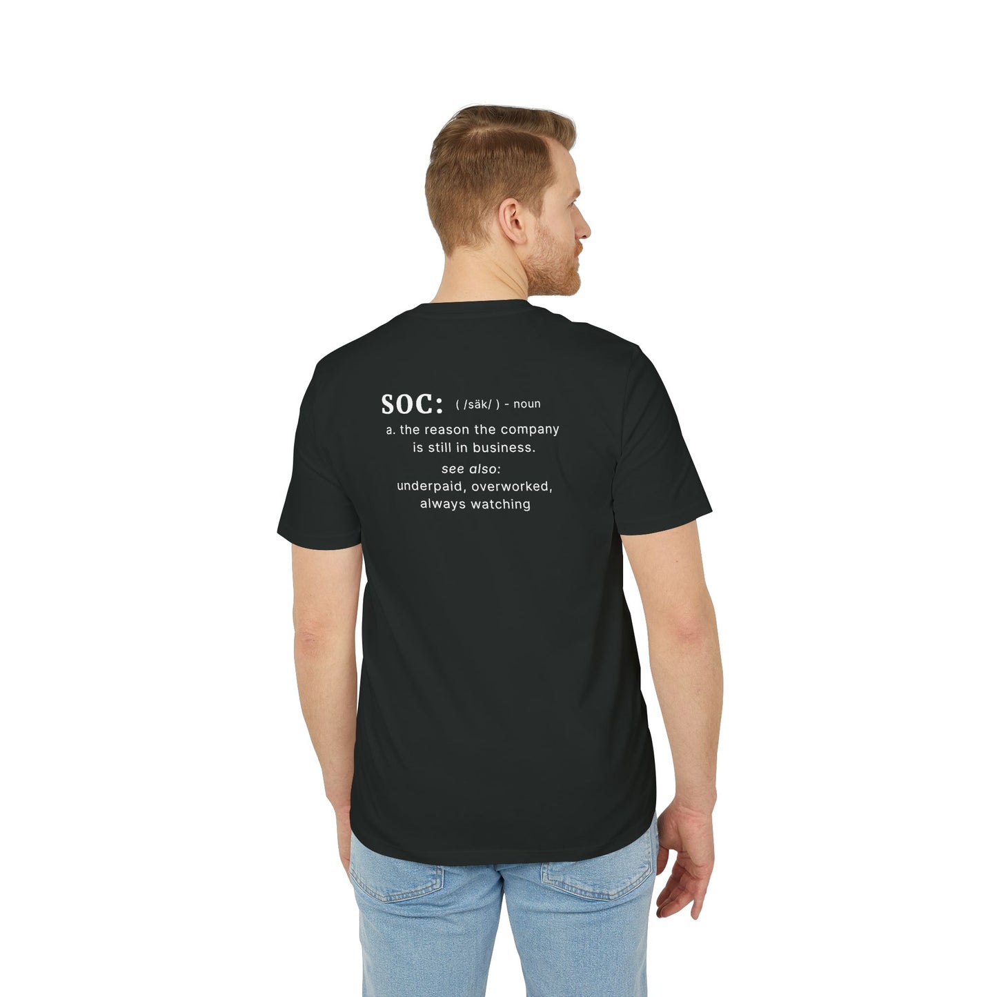 Man wearing a black t-shirt with white text on the back, standing against a white background