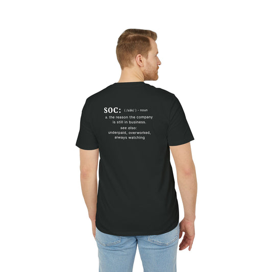 Man wearing a black t-shirt with white text on the back, standing against a white background