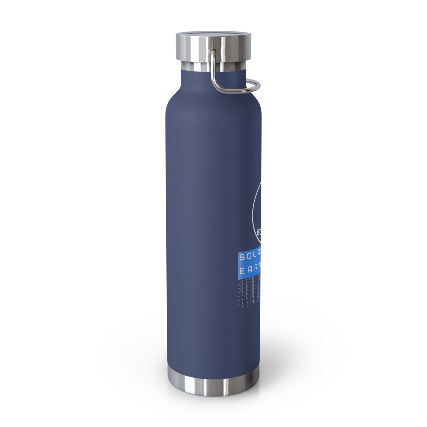 Side view of navy insulated bottle with spill-resistant lid. Designed for IT professionals, penetration testers, and security engineers