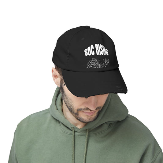 Black SOC RISING hat, angled view, showcasing the SOC RISING slogan in white.