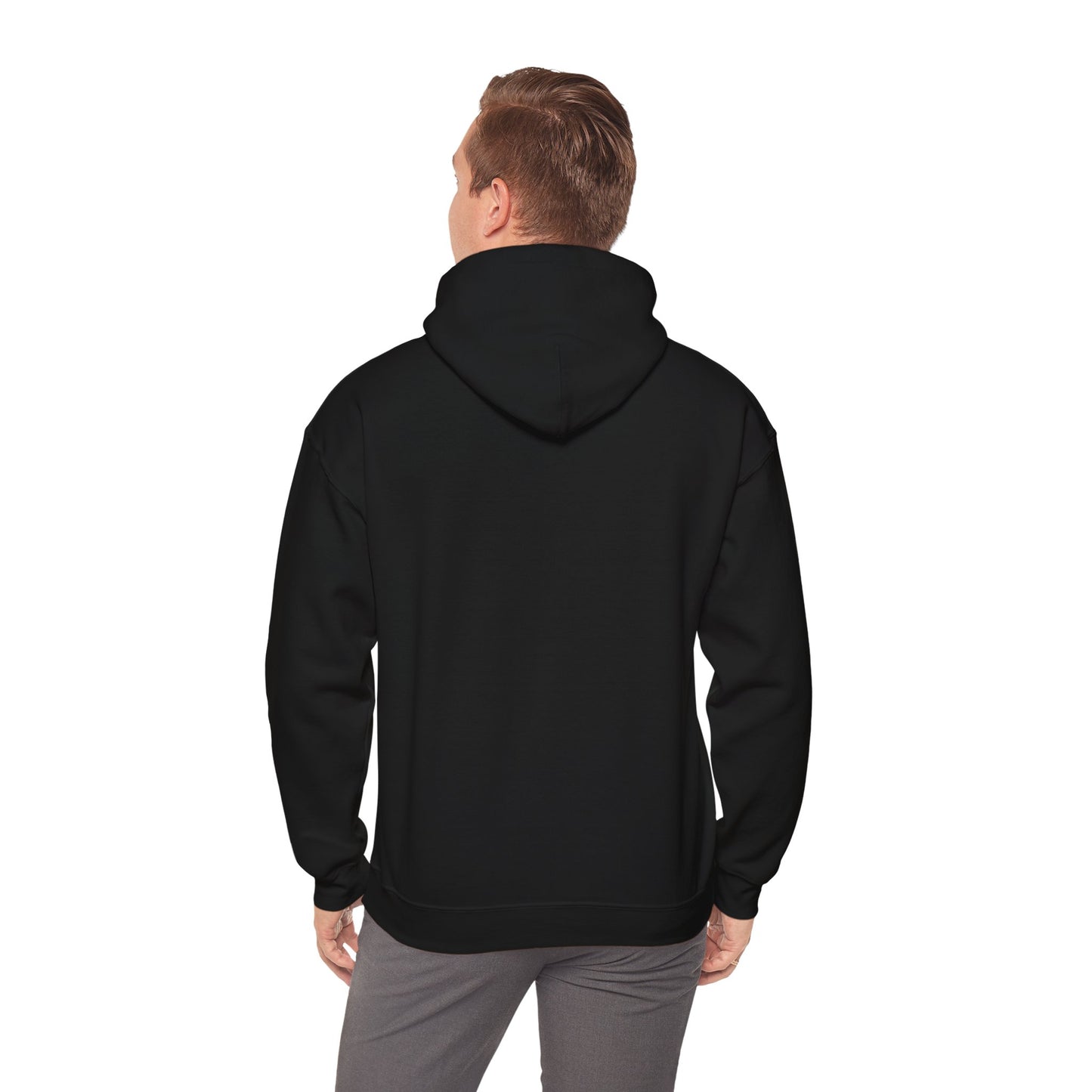 Black cybersecurity hoodie, back view on model, IT security-themed sweatshirt, cyber defense clothing.