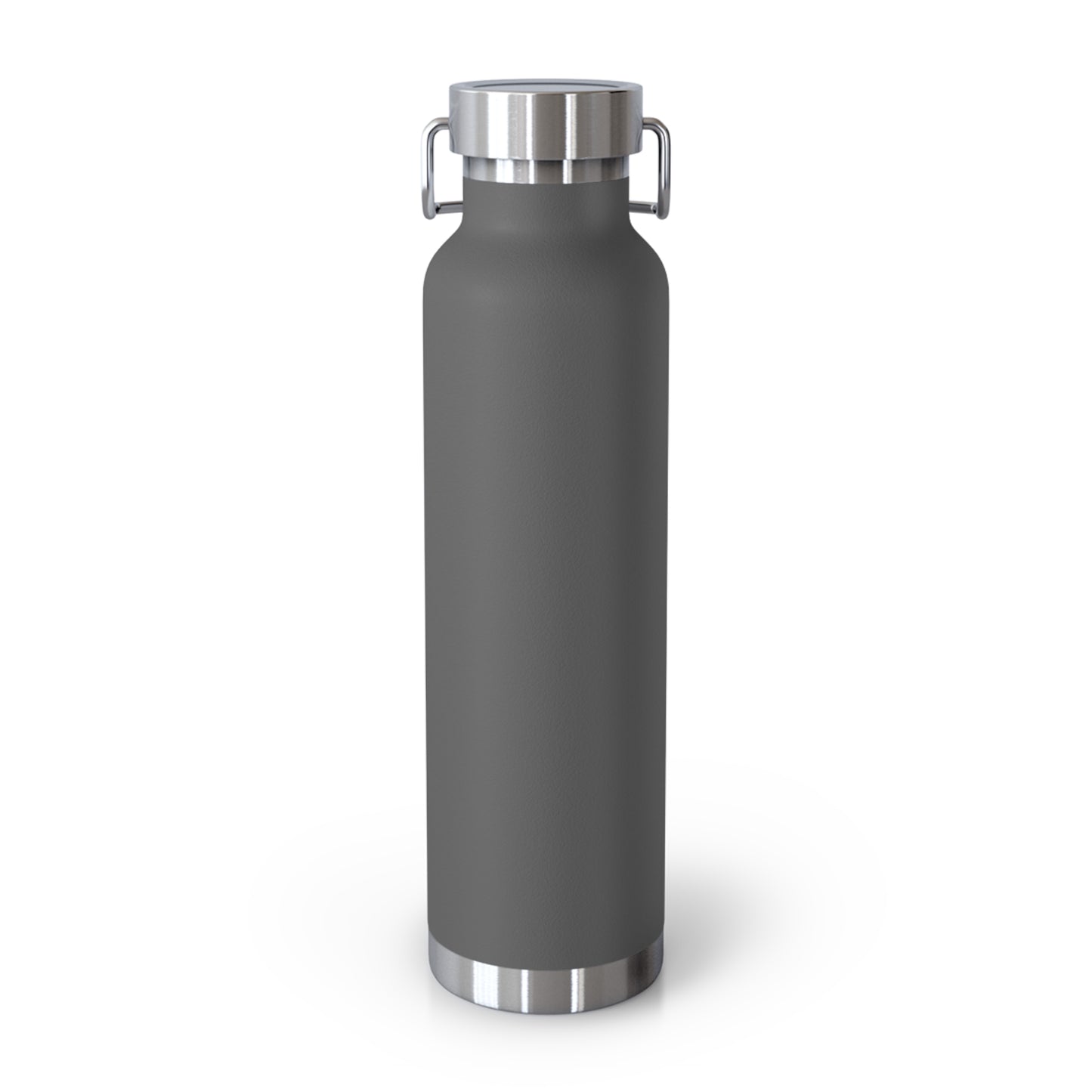 Close-up of gray flask. Copper insulation maintains drink temperatures for long hours at work or during travel