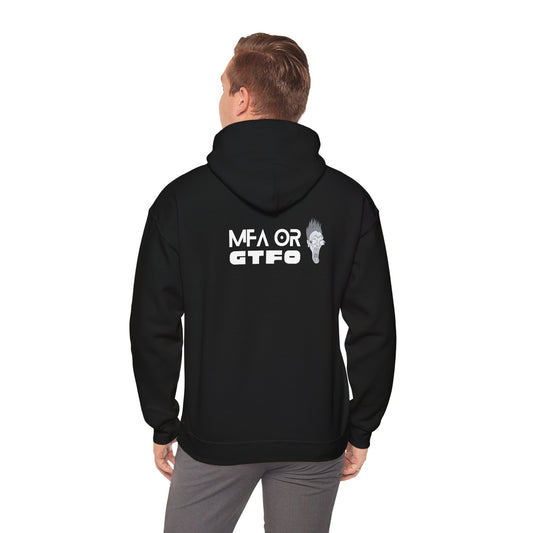 Black cybersecurity hoodie with "MFA or GTFO" slogan on the back, perfect for IT professionals and ethical hackers.
