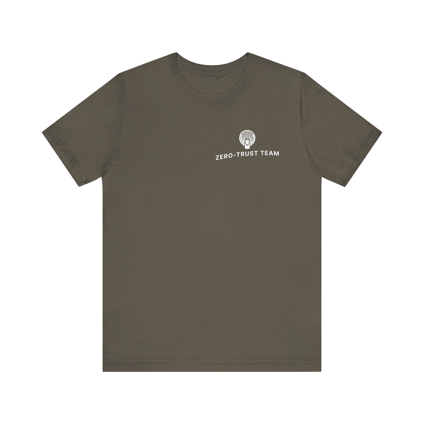 Khaki t-shirt with 'Zero Trust Team' text and logo on a white background