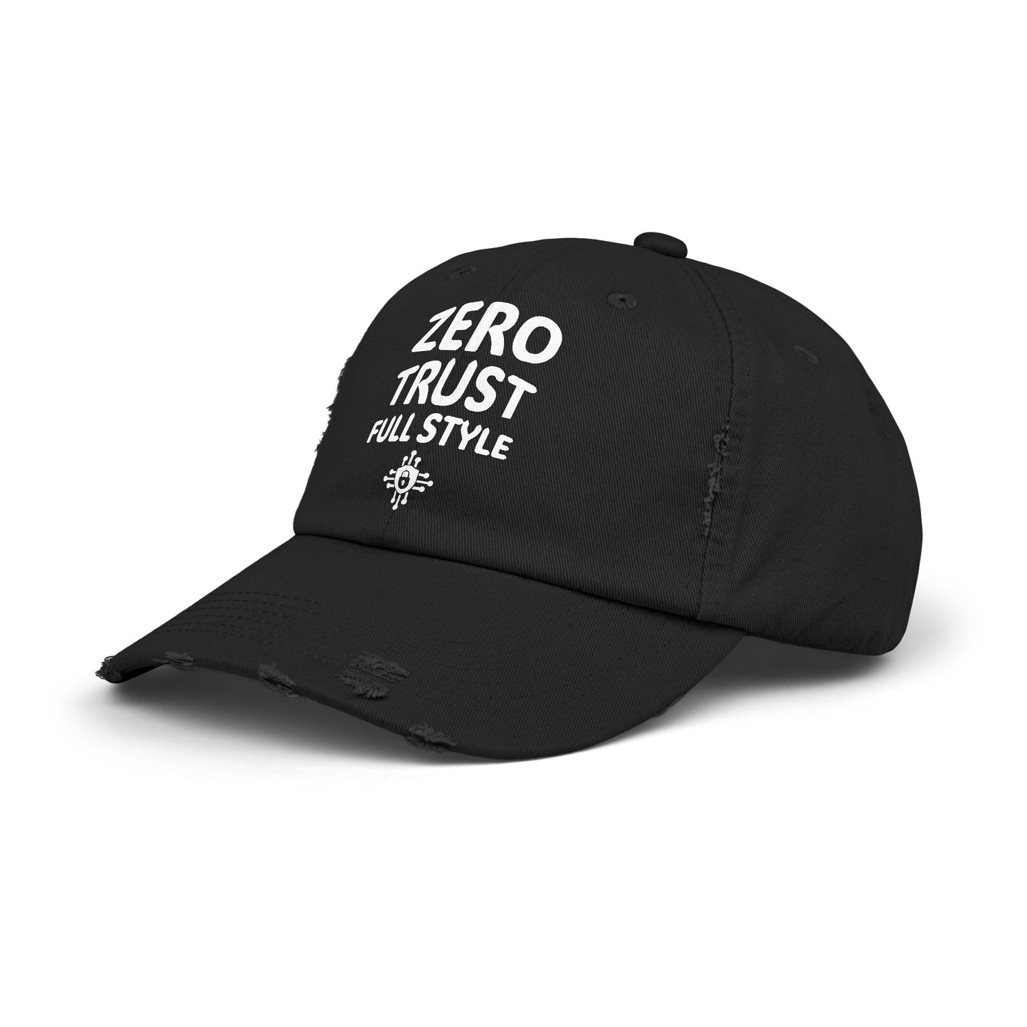 Angled view of Zero Trust Full Style black hat, featuring a sleek design and cybersecurity slogan for IT and security professionals