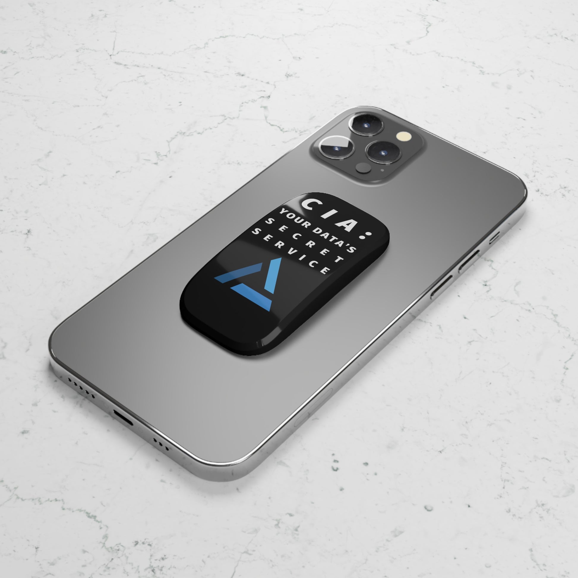 Top-down view of glossy black phone stand featuring 'CIA: Your Data’s Secret Service' slogan. Ideal for IT pros, security analysts