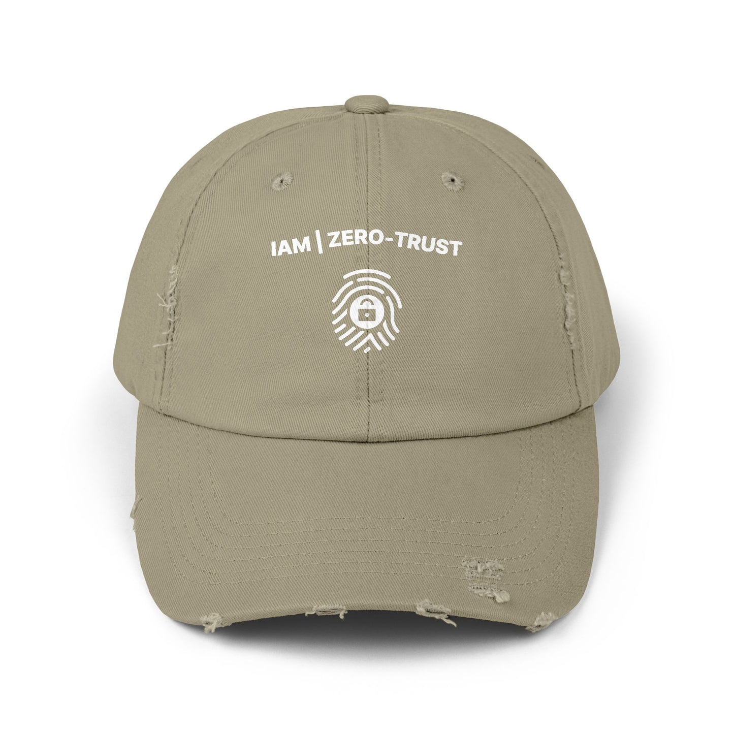 Olive green cap with 'IAM ZERO-TRUST' text and logo on a white background