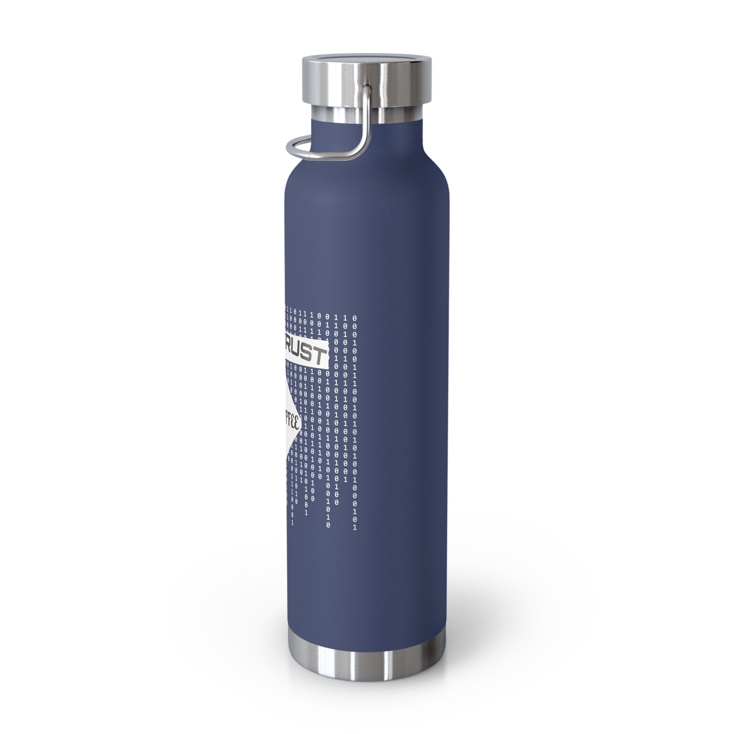 Side profile of navy 22oz flask. Copper insulation ensures temperature retention for ethical hackers and network engineers