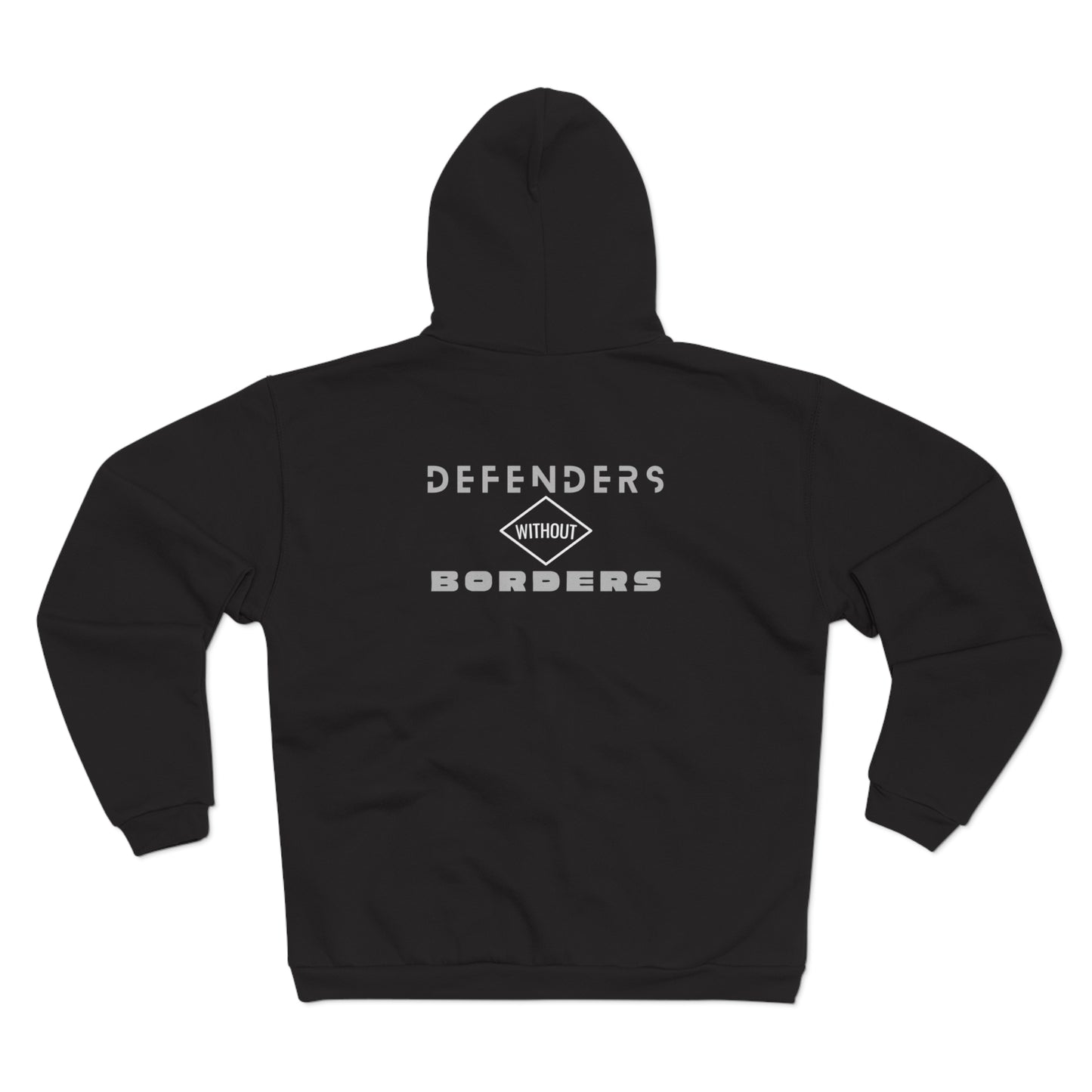 Black hoodie with 'Defenders Without Borders' text on the back against a white background