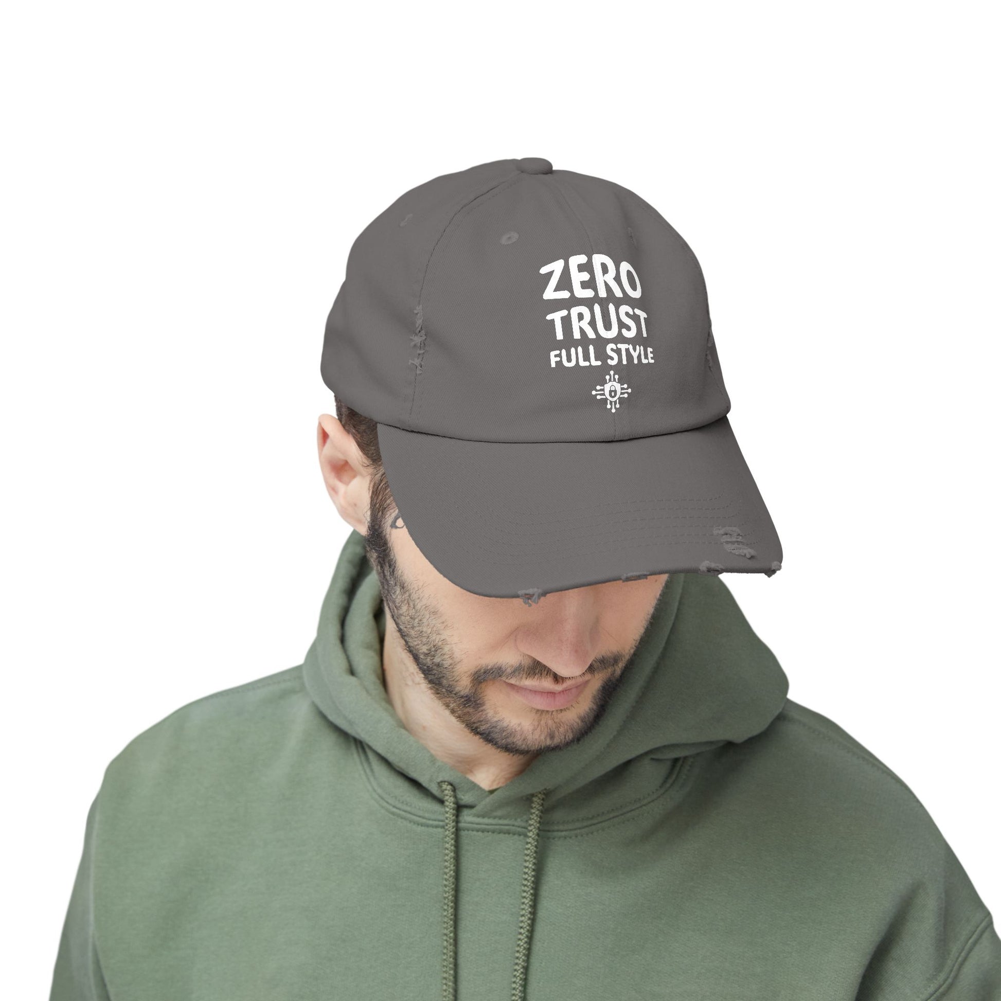 Zero Trust Full Style nickel hat with bold cybersecurity slogan, front view, ideal for cybersecurity professionals and tech enthusiasts