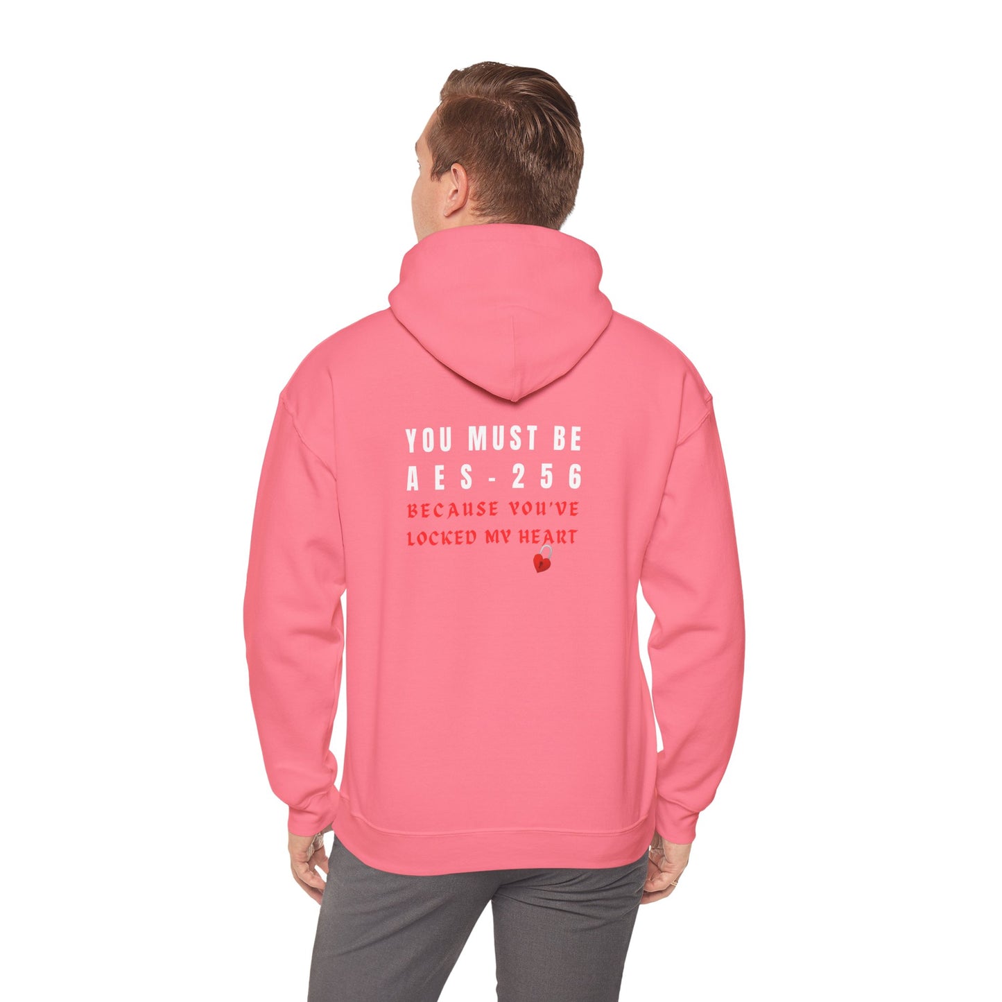 Bold safety pink hacker hoodie with cyber defense message. Perfect for IT security professionals