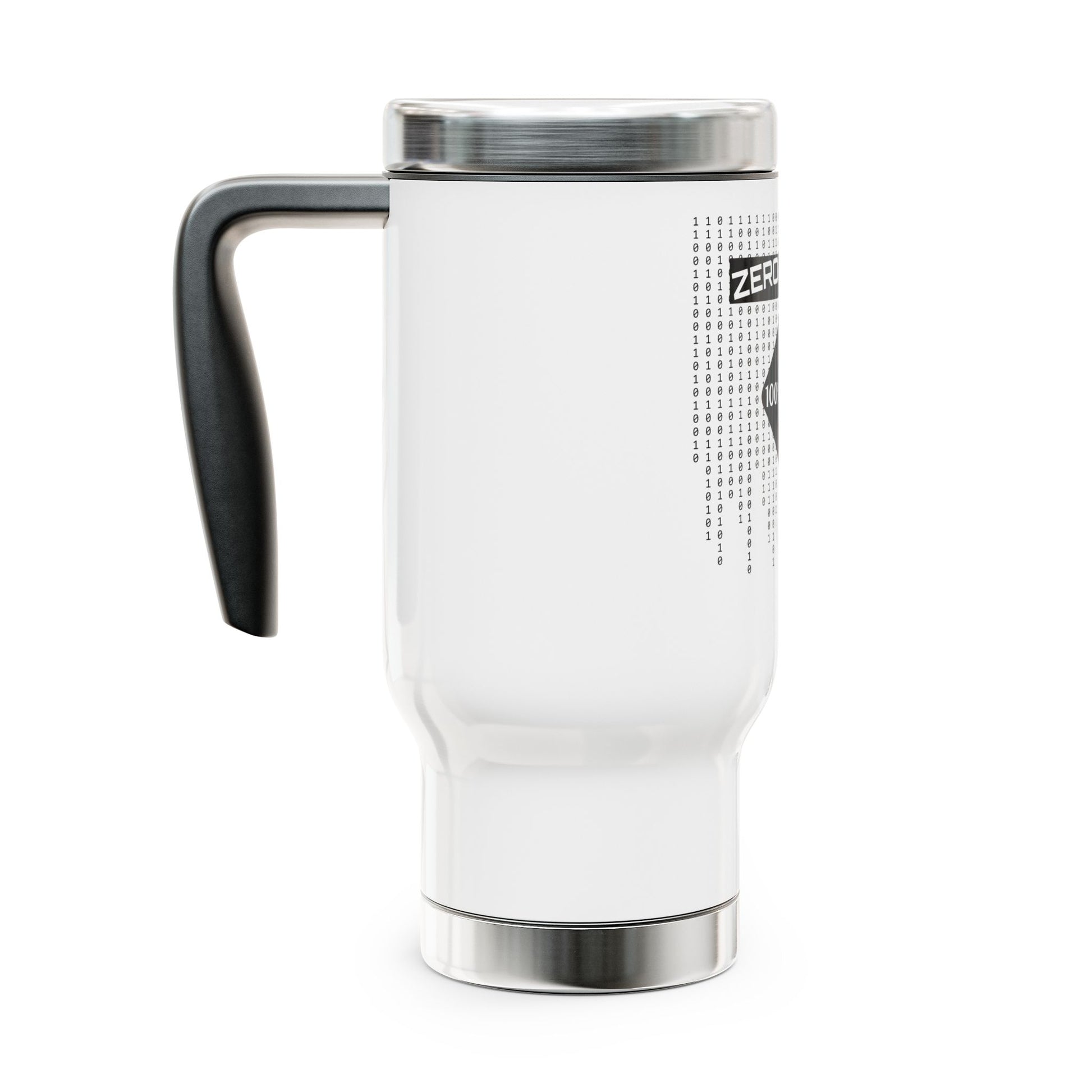 Side profile of white double-wall insulated travel mug for cybersecurity specialists