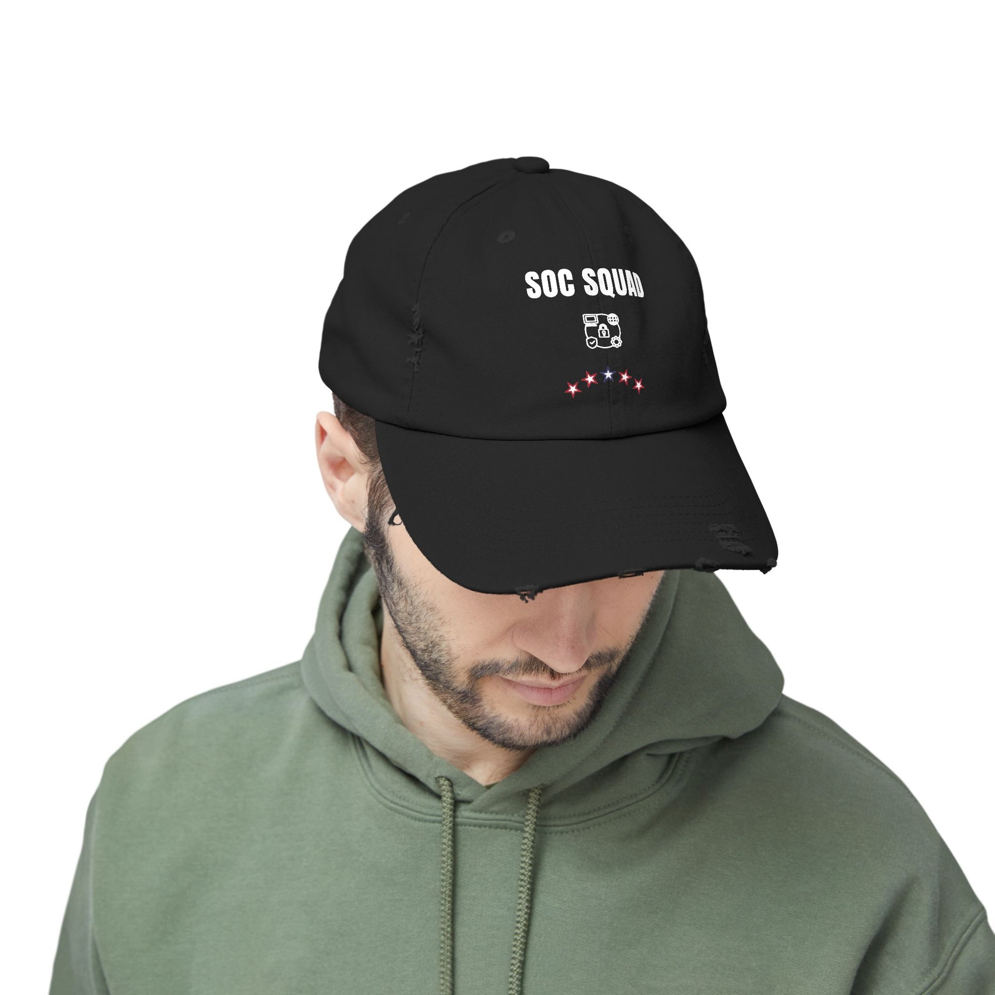 Side view of black SOC Squad cap – Vintage-style hat for IT professionals, sysadmins, and cybersecurity teams