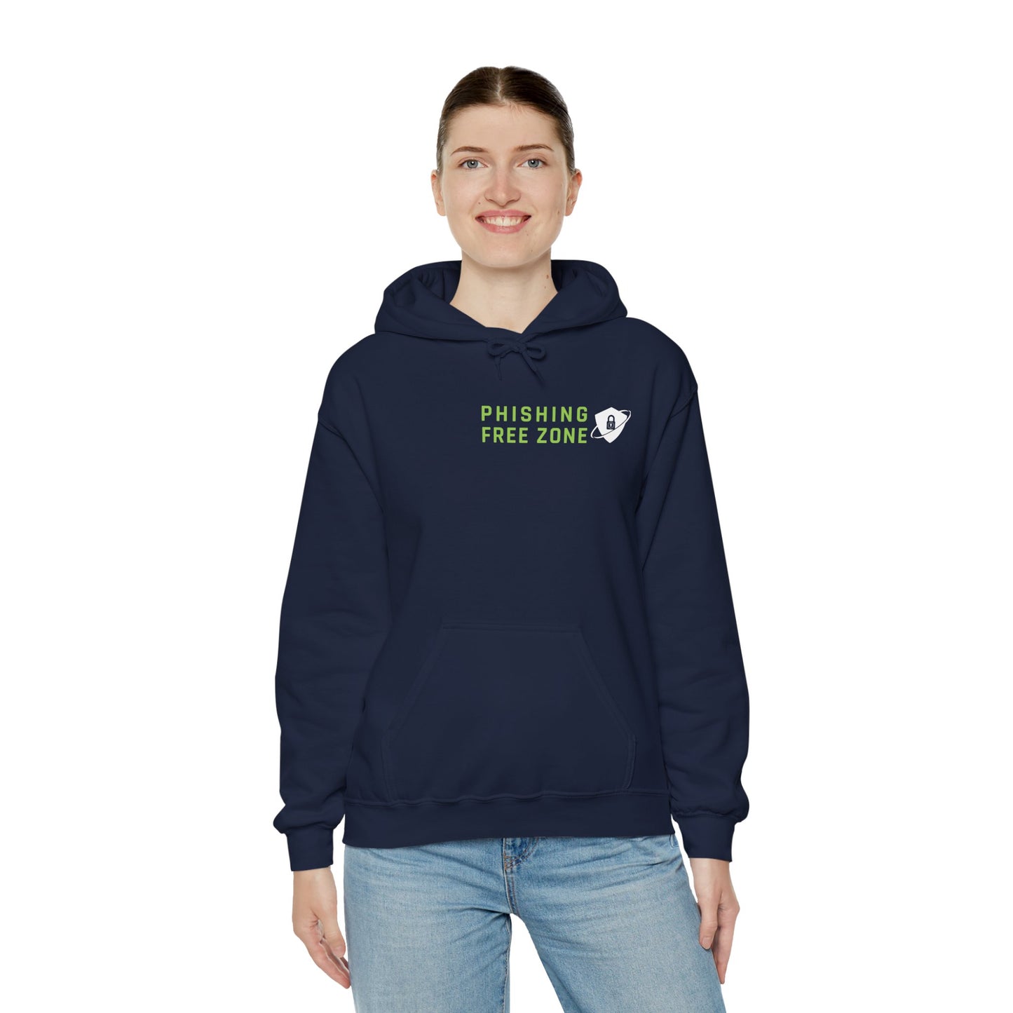 Navy blue cybersecurity hoodie with hacker-inspired text. Ideal for IT and security professionals