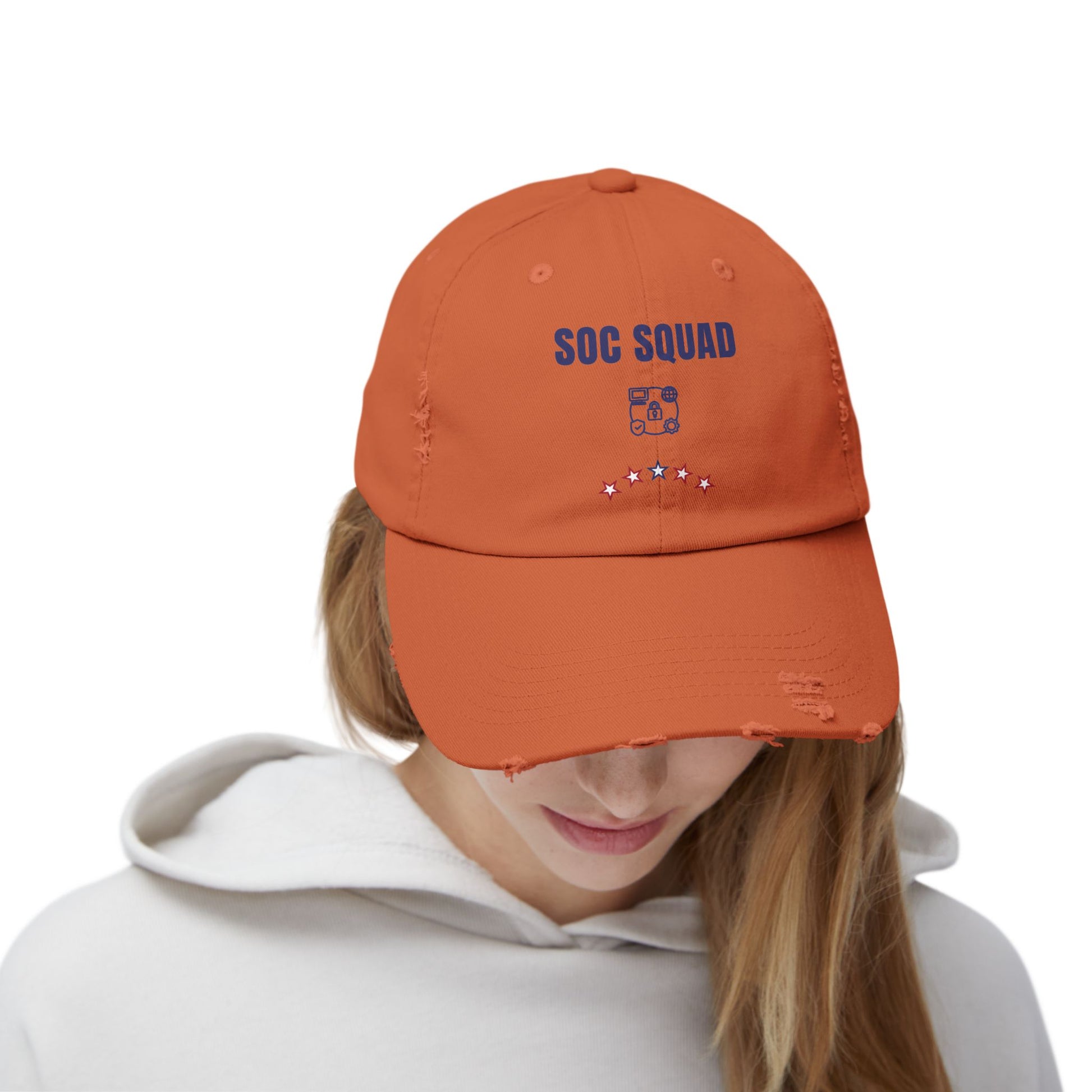 Burnt orange SOC Squad hat – A unique distressed cap for IT pros, SOC analysts, and cybersecurity professionals