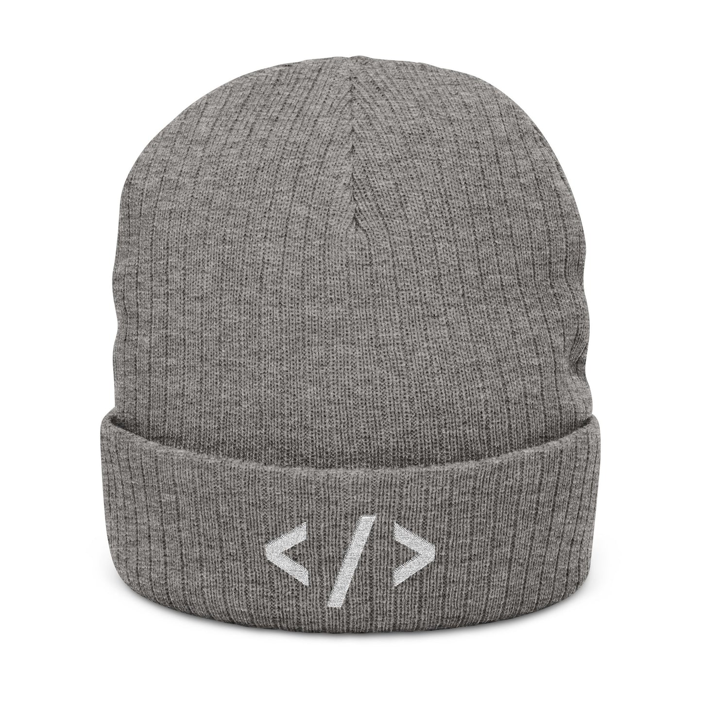 Gray beanie with HTML code symbols on a white background