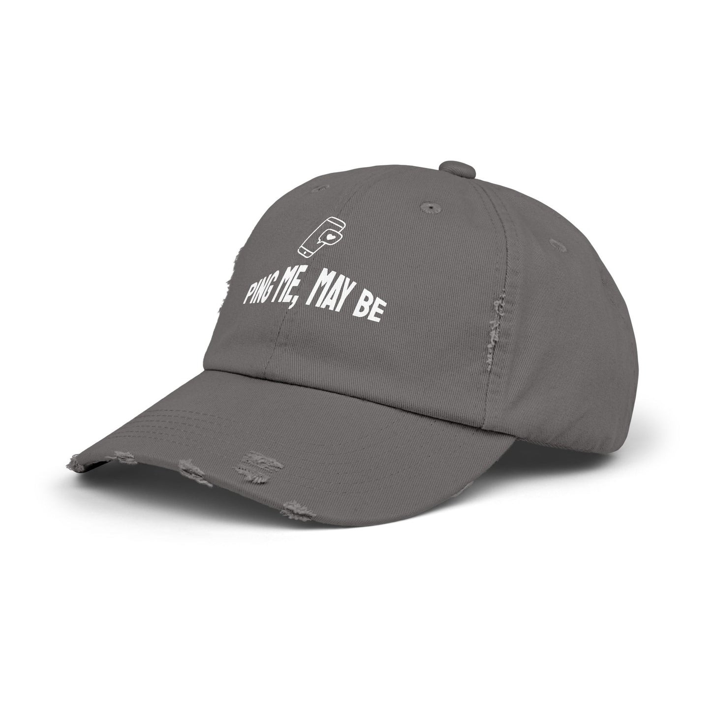 Angled view of nickel distressed cap featuring a tech humor slogan, designed for IT professionals and cybersecurity fans