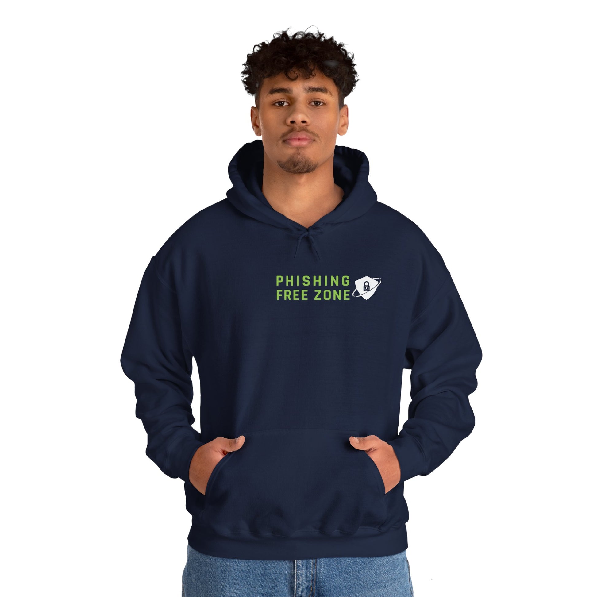 Tech-themed navy hoodie with cyber defense slogan. Perfect for ethical hackers and IT specialists