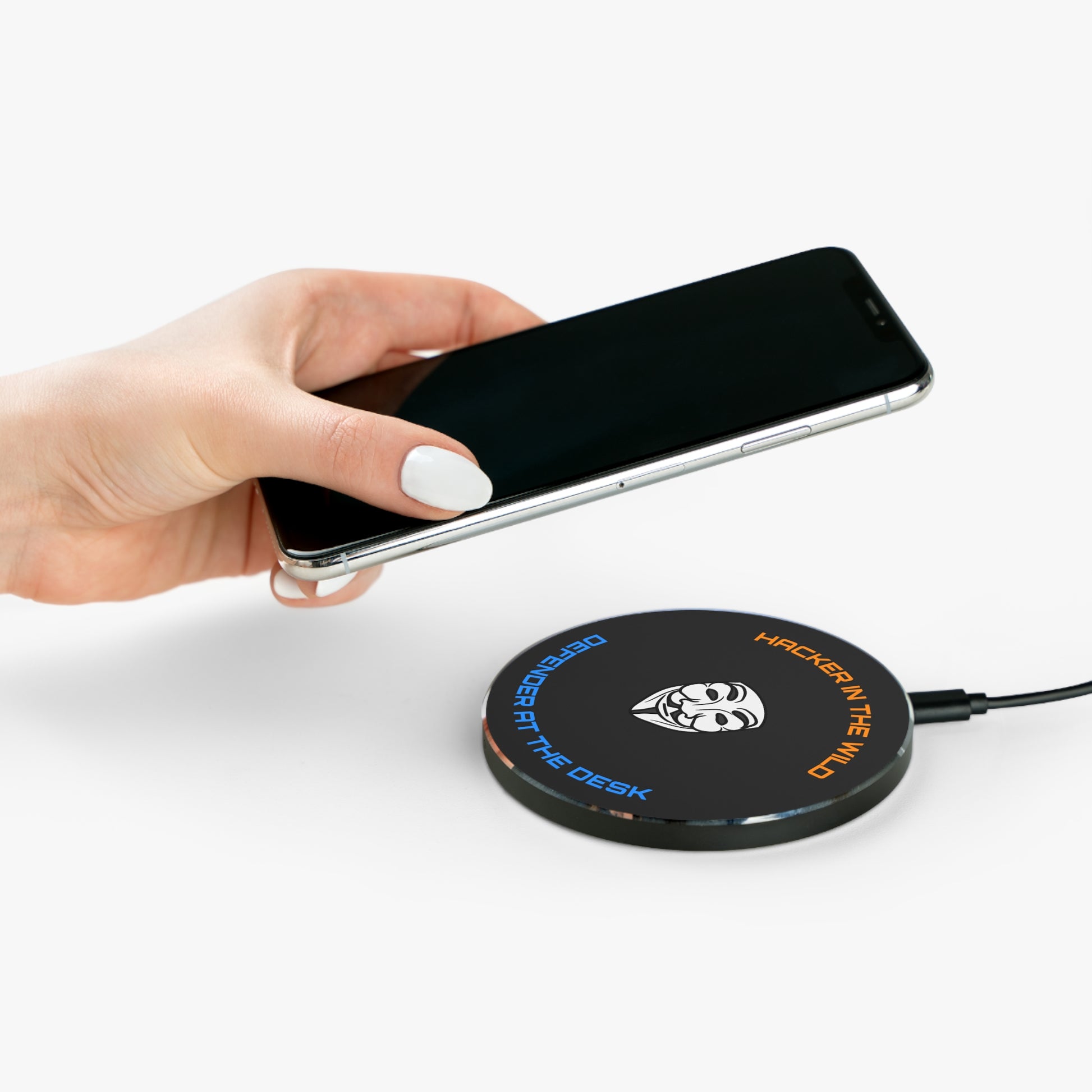 Side view of the wireless charger. Compact and powerful 10W charging pad for IT and cybersecurity professionals