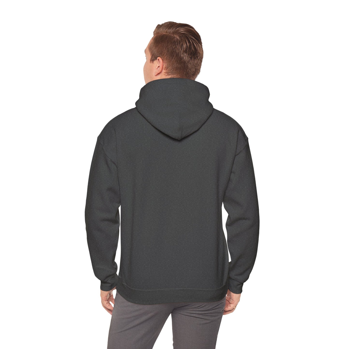 Dark Heather cybersecurity hoodie, back view on model, tech industry gift, SOC analyst fashion