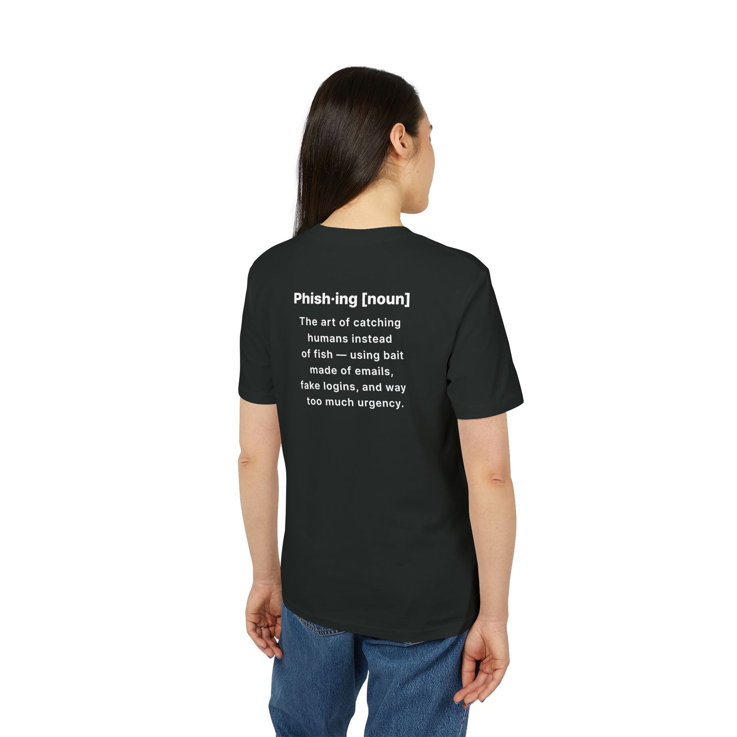 Person wearing a black t-shirt with text on the back, standing against a white background
