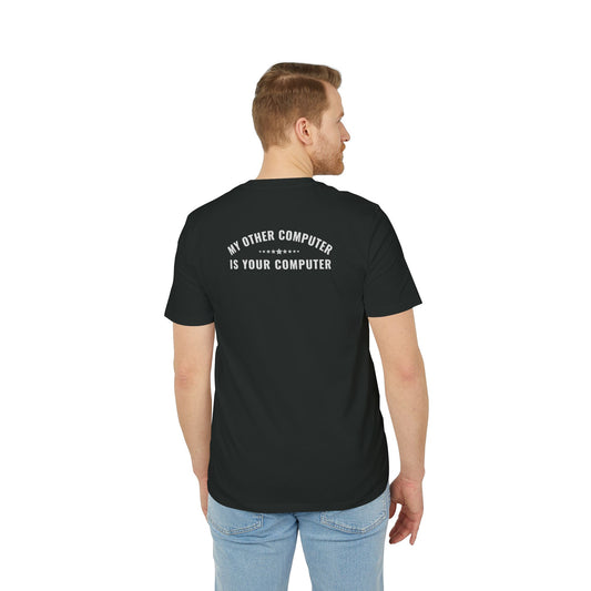 Man wearing a black t-shirt with text on the back, standing against a white background