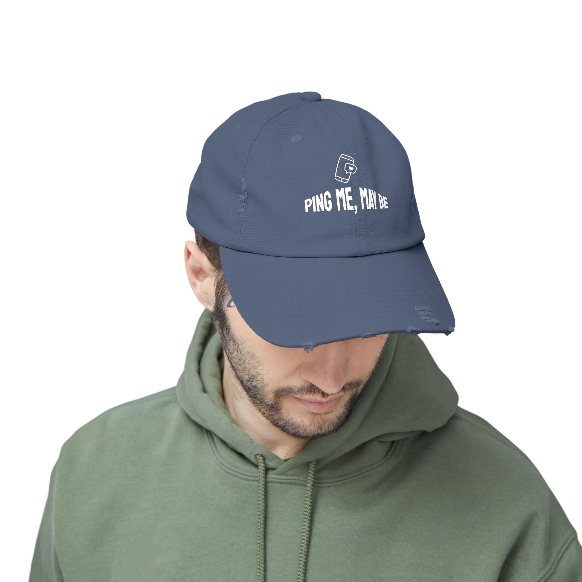 Scotland blue distressed cap with 'Ping Me, May Be' tech humor slogan, front view – ideal for IT professionals and casual wear