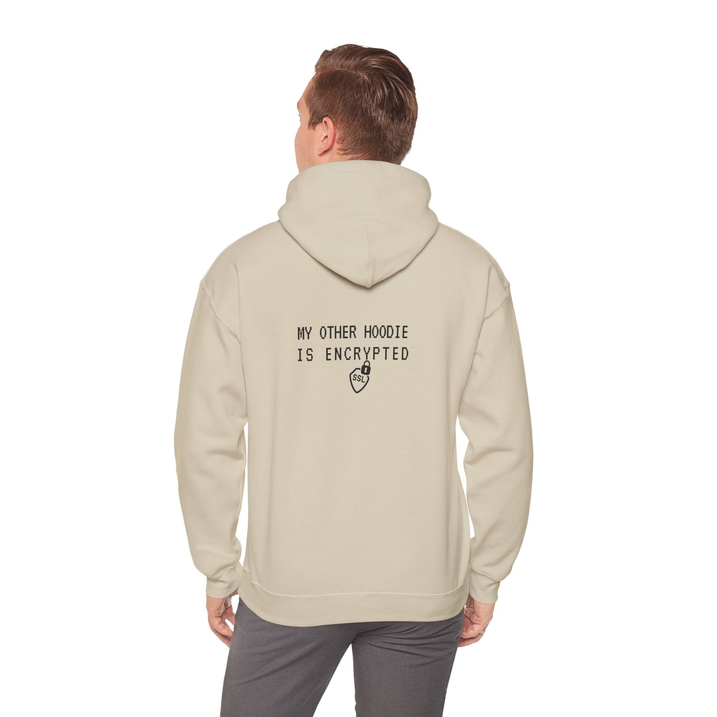 Back view of Sand hoodie with encrypted text. Great for hackers and tech lovers. Soft heavy blend material.