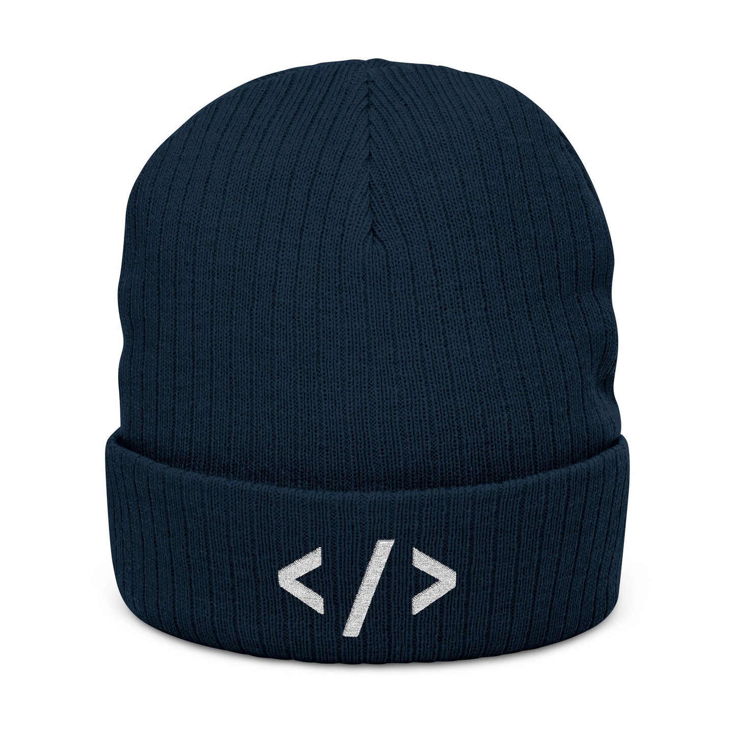 Navy blue beanie with white HTML code symbols on a white background