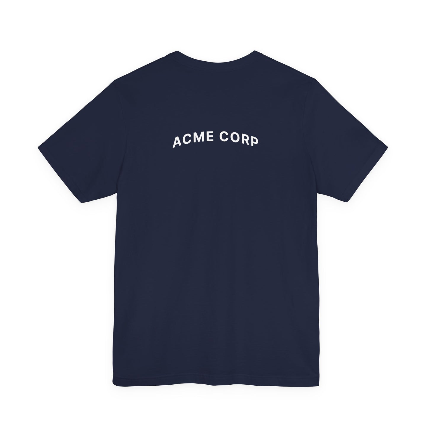 Navy blue t-shirt with 'ACME CORP' text on the back against a white background