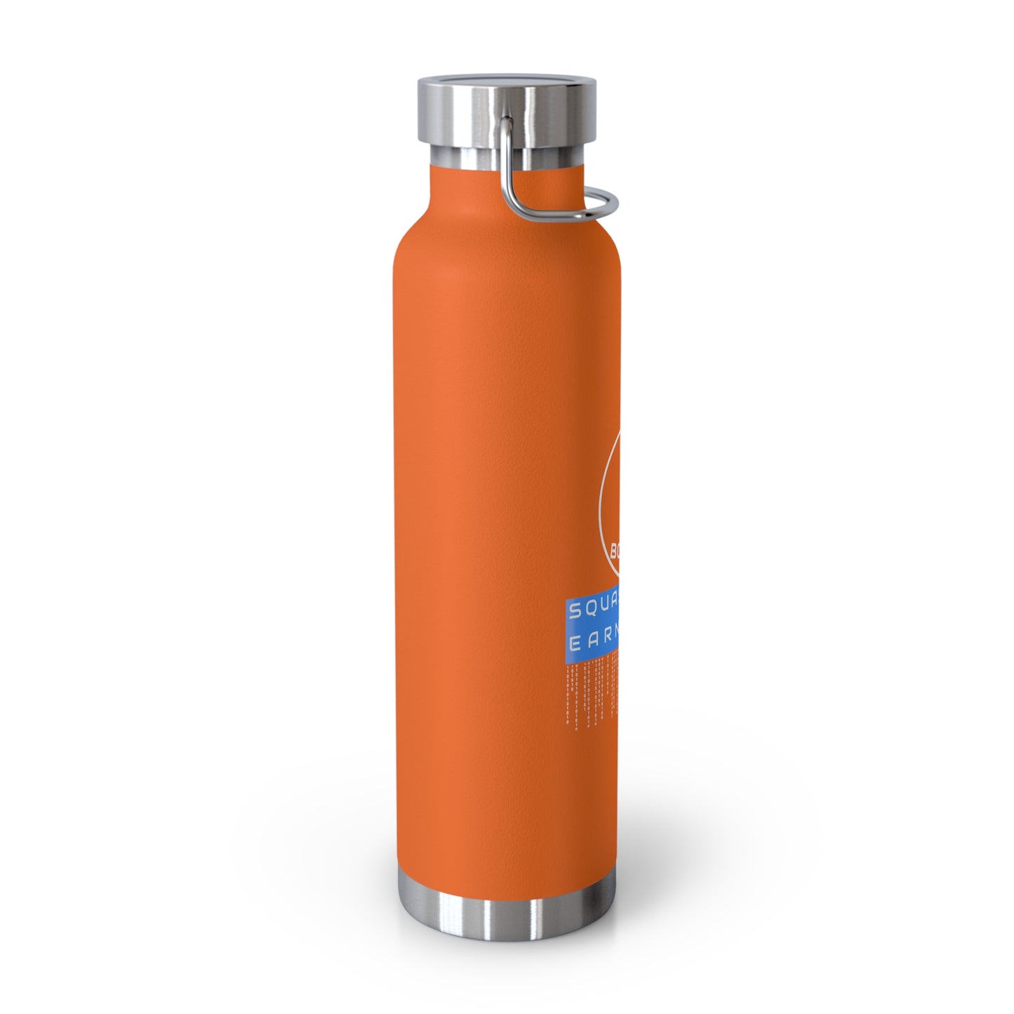 Side angle of orange stainless steel bottle. Copper vacuum insulation retains temperature for IT professionals and ethical hackers