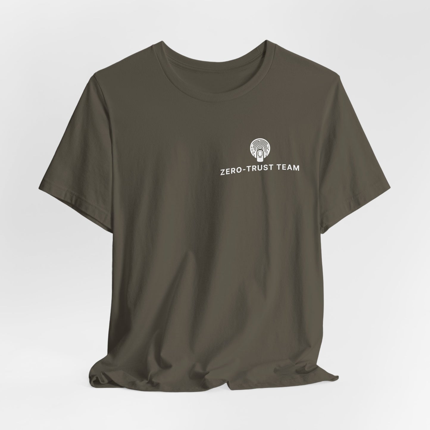 Khaki t-shirt with 'Zero Trust Team' text and logo on a light gray background