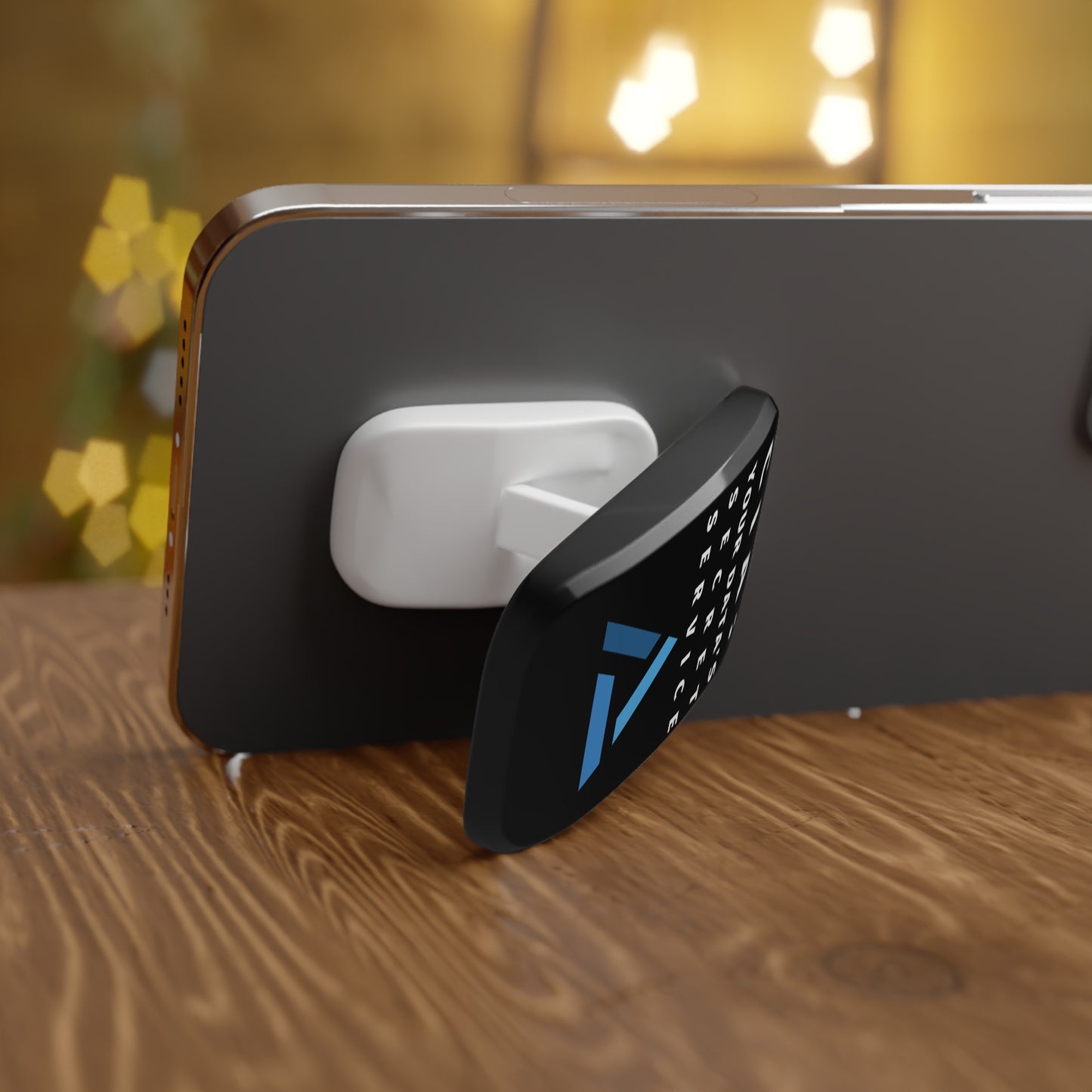 Side view of glossy black phone stand. Sturdy anti-slip grip for cybersecurity professionals, ethical hackers, and IT specialists