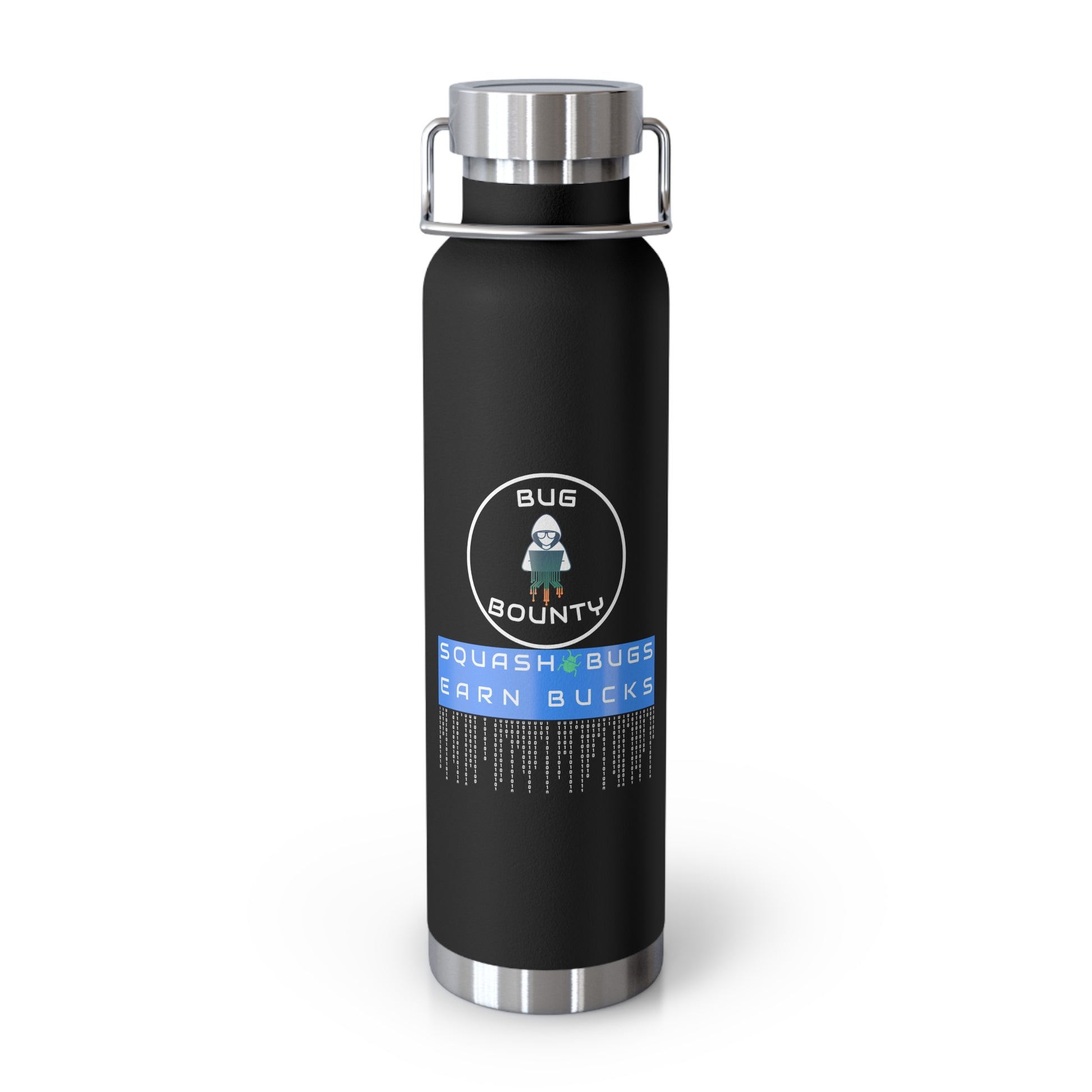 Black insulated water bottle with 'Bug Bounty' slogan. Ideal for cybersecurity pros, ethical hackers, and IT experts