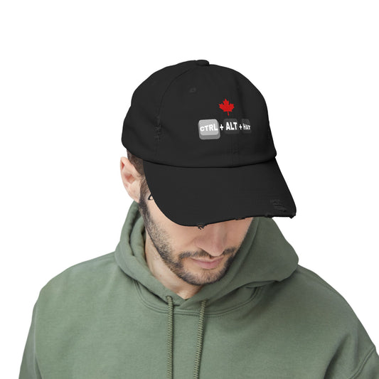 Black distressed dad hat with "Ctrl + Alt + Hat" and Canadian Flag – funny IT cap for tech professionals, programmers, and cybersecurity experts