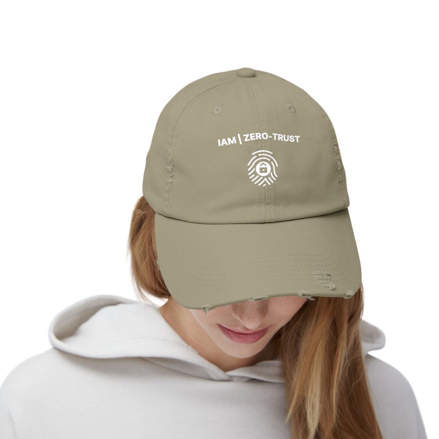 Person wearing a Olive green cap with 'IAM ZERO-TRUST' logo on a white background