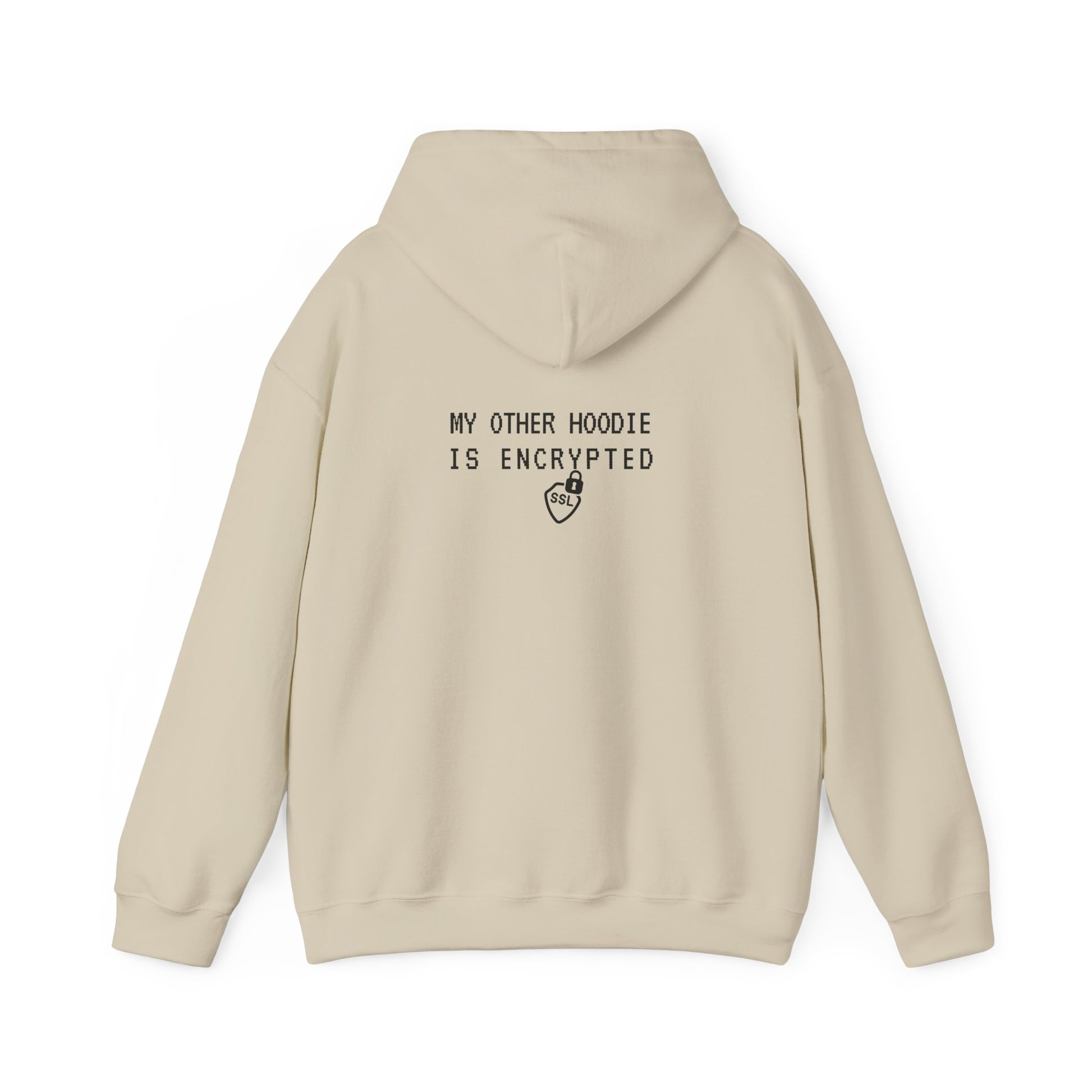 Close-up of Sand hoodie with cybersecurity slogan. Perfect for IT security experts. Heavy blend fabric