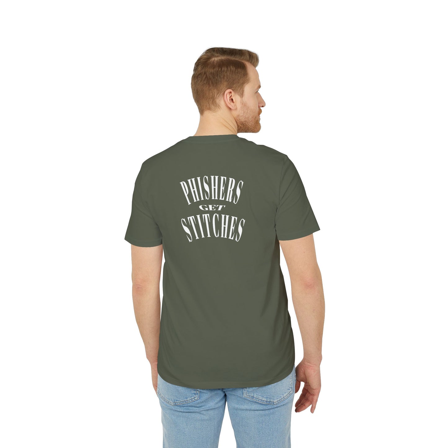 A khaki t-shirt on a male model with slogan 'Phishers Get Stitches' on the back, on a white background