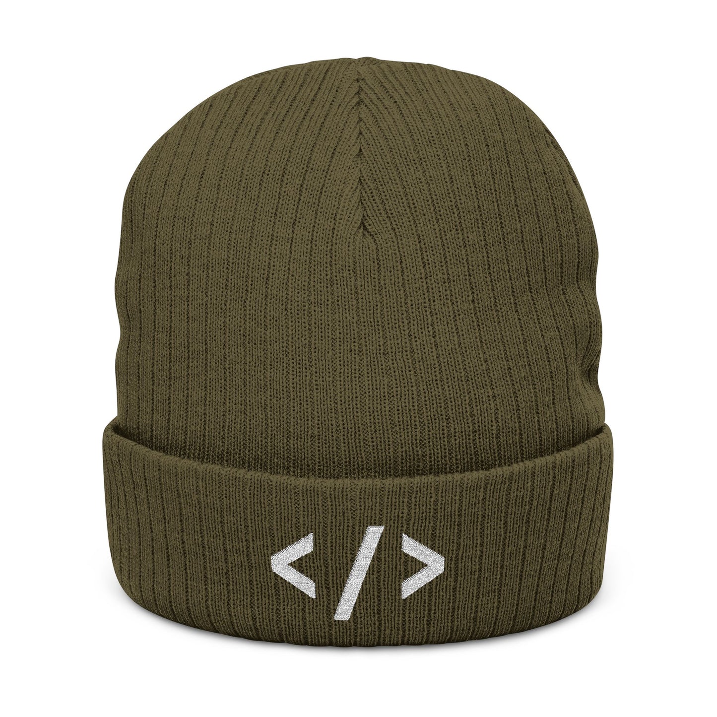 Olive green beanie with white HTML code symbols on a white background