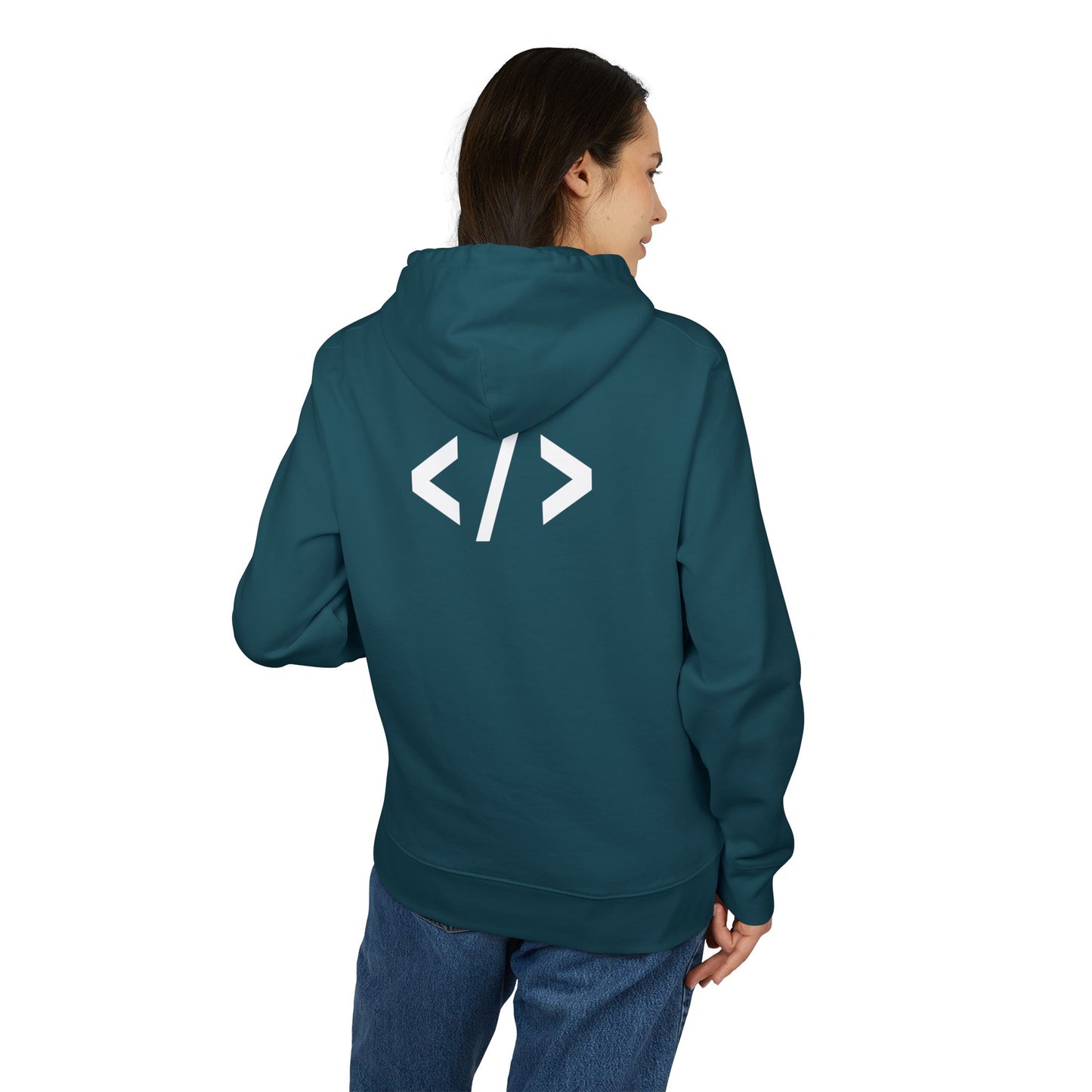 Person wearing a teal hoodie with HTML code design on the back, standing against a white background