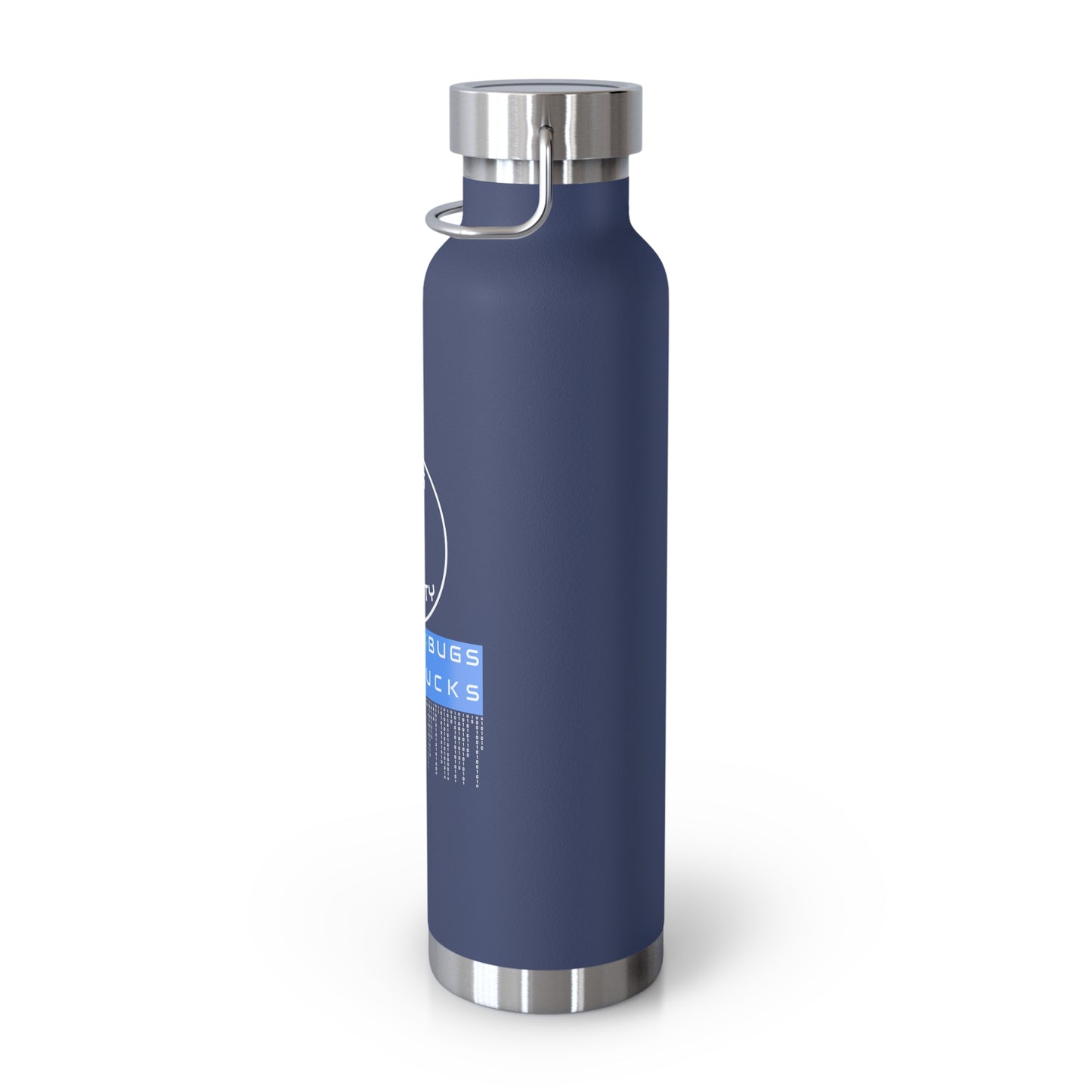 side-view of navy blue insulated bottle. Leak-proof and copper insulated for ethical hackers and IT security experts