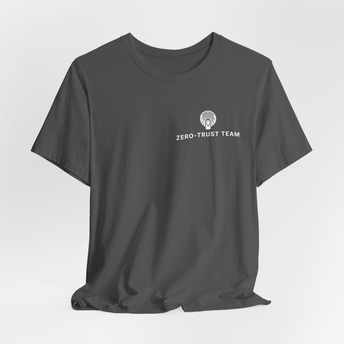 Asphalt t-shirt with 'ZERO-TRUST TEAM' text on a light gray background