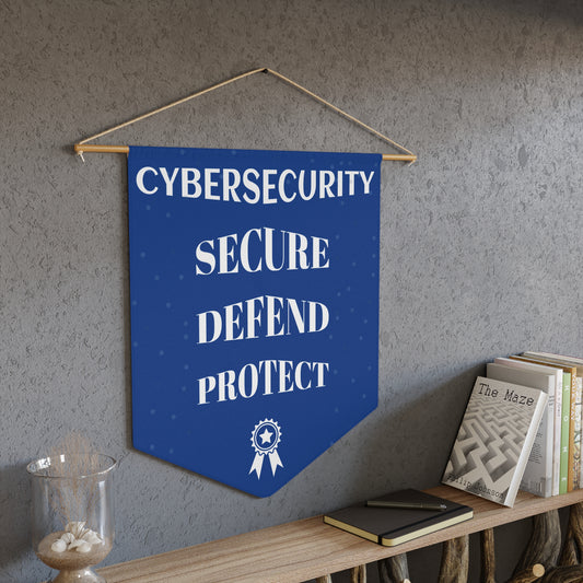 Cybersecurity wall hanging pennant, blue with white font, with slogan 'Cybersecurity: Secure Defend Protect'