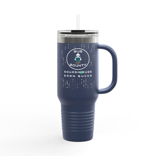 Navy blue insulated travel mug with "Bug Bounty" slogan. Leak-proof and durable for cybersecurity professionals and IT experts