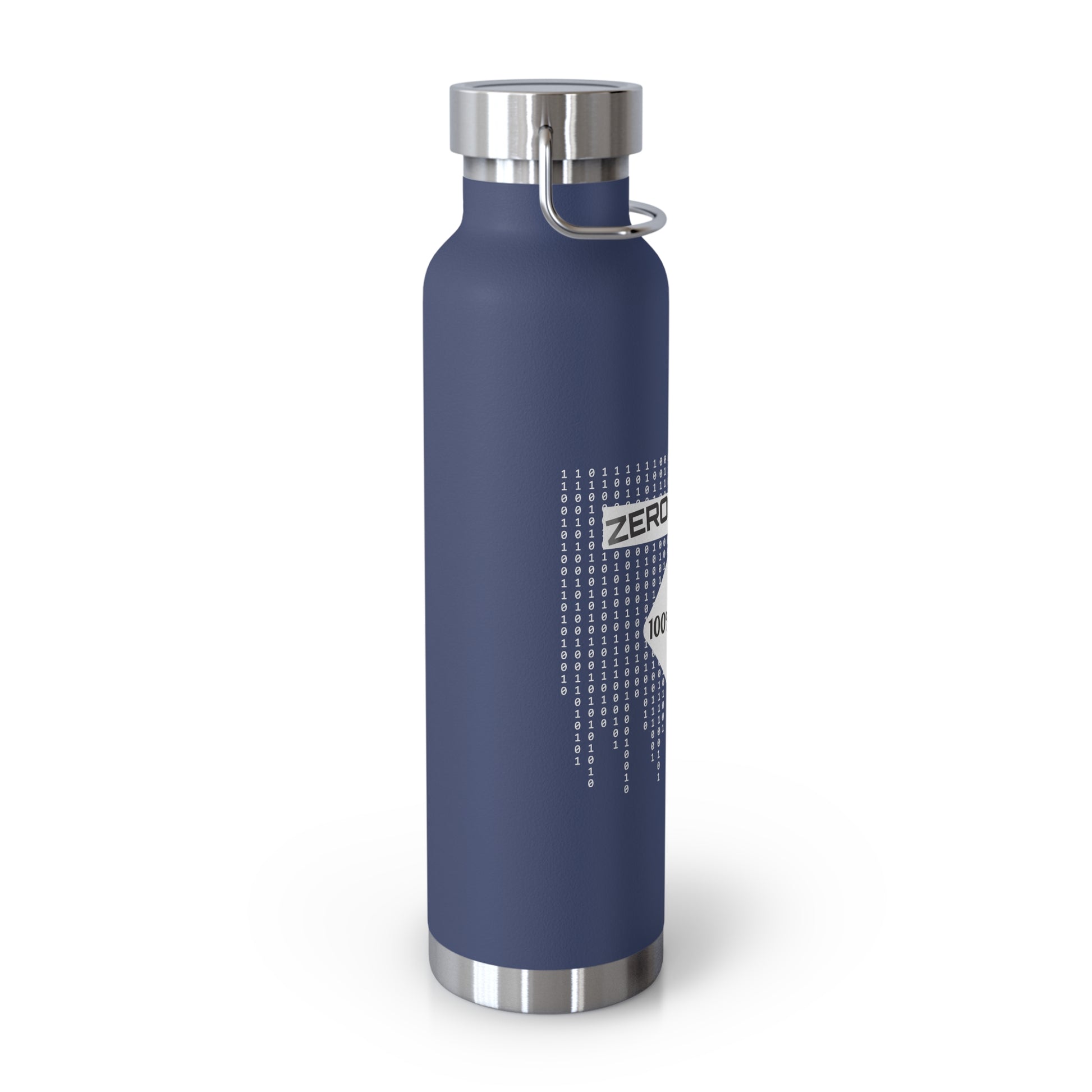 Side view of navy insulated bottle. Leak-proof design with a sturdy hand loop for easy portability